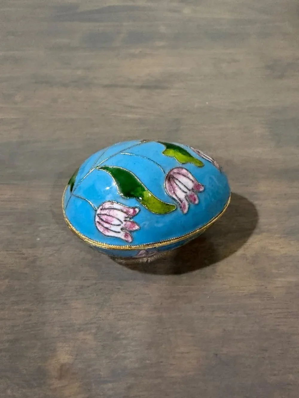 Vintage Floral Cloisonne Egg Shaped Trinket Box